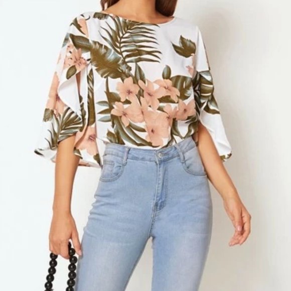 White Tropical Top with Split Sleeves in XS, M, L - Picture 3 of 3